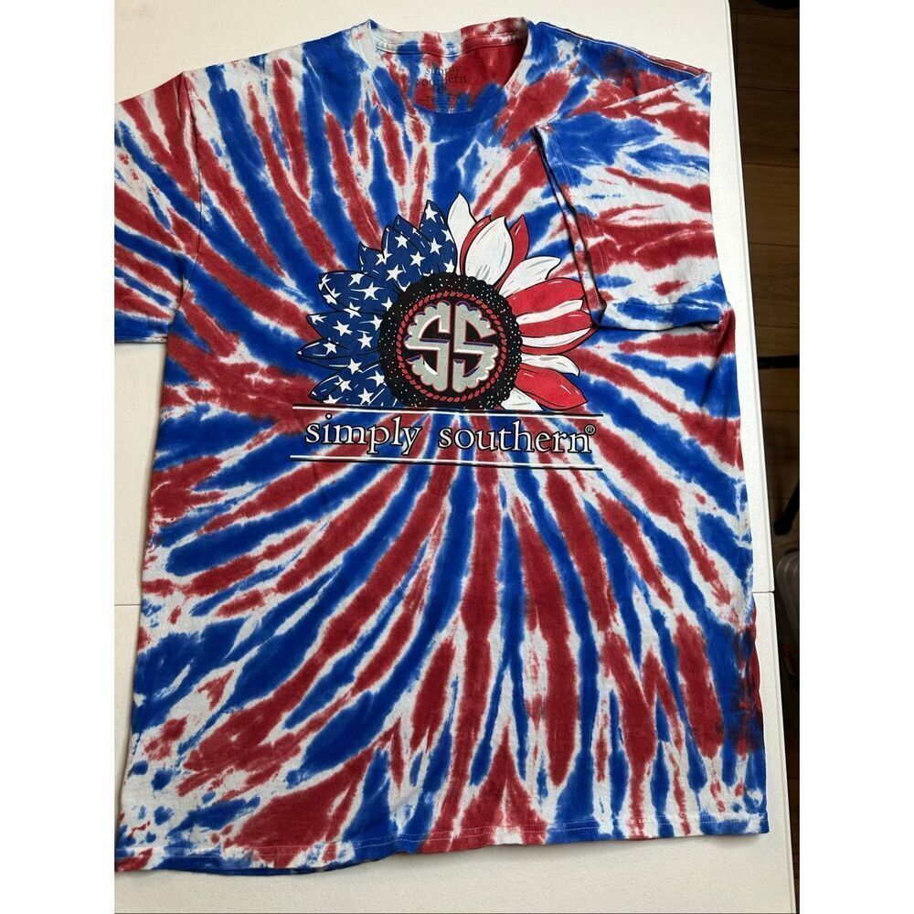 Simply Southern Women's Multicolor Tie Dye Dog Daisy Patriotic T-Shirt Large